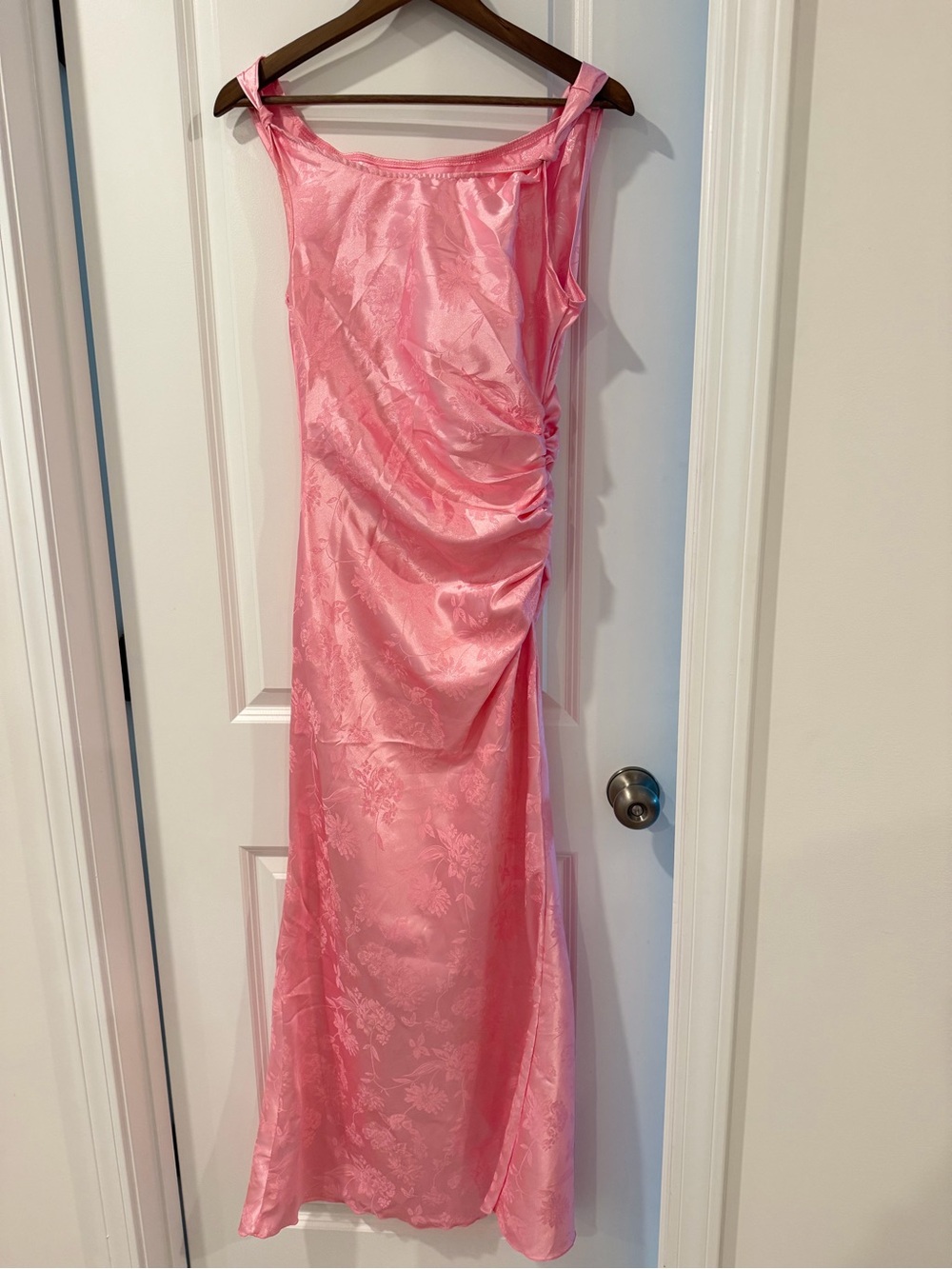 SHEIN Pink Jacquard Satin Slip Dress with Side Ruching